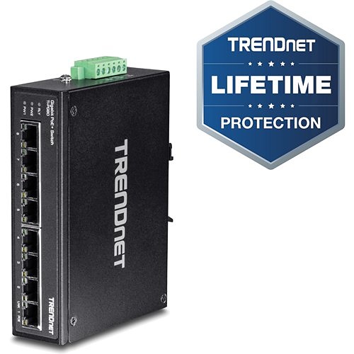 TRENDnet 8-Port Hardened Industrial Unmanaged Gigabit PoE+ DIN-Rail Switch, 200W Full PoE+ Power Budget, 16 Gbps Switching Capacity, IP30 Rated Network Switch, Lifetime Protection, Black, TI-PG80