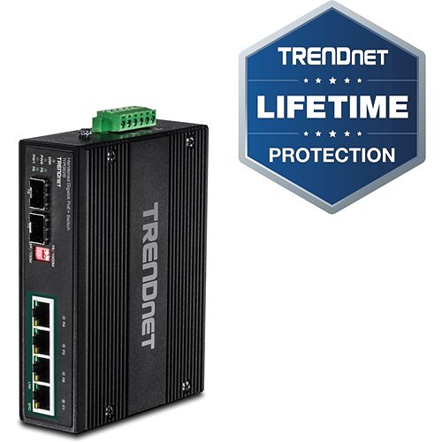 TRENDnet 6-Port Industrial Gigabit PoE+ DIN-Rail Switch; 12-56V; Alarm Relay; 2 Dedicated SFP Slots; IP30 Rated Housing; Lifetime Protection; TI-PG62B